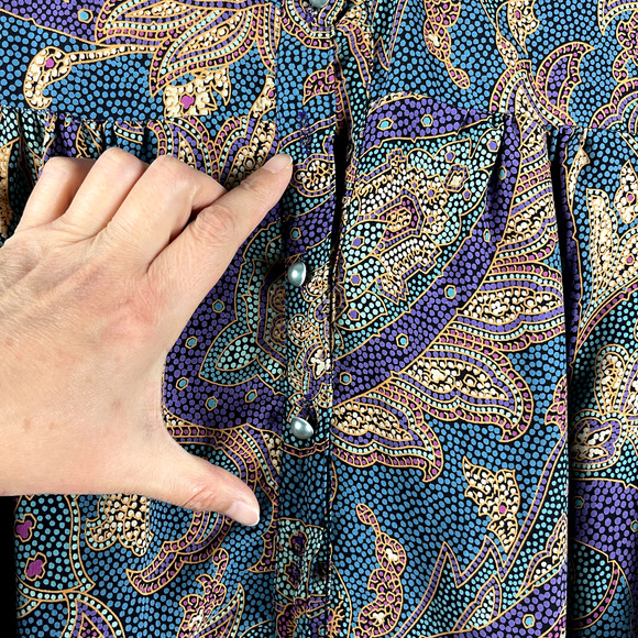 VTG Chez California Paisley Dress Women Large Jewel Tone Pearl Button 70s 80s - Picture 12 of 14
